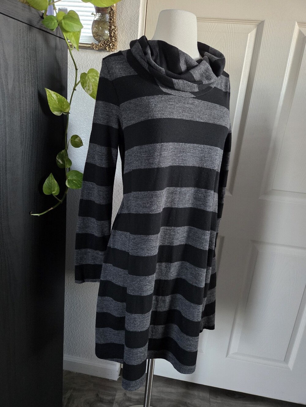 Black gray striped long sleeve sweater dress cowl neck